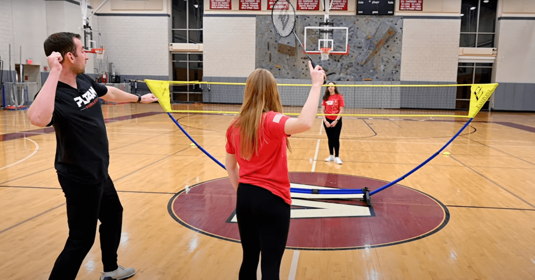 Image from PLT4M's badminton lesson plans reviewing overhand forehand swing.